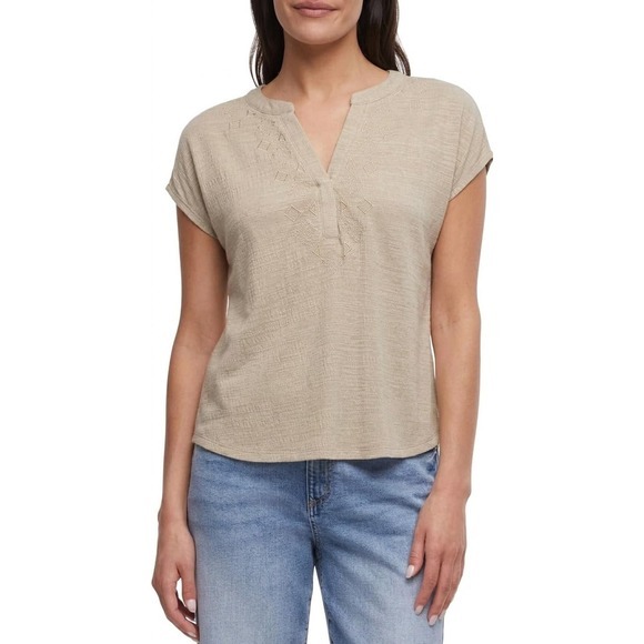 Nwt Orvis Womens Tan Embroidered Split Neck Slub Knit Short Sleeve Top Large